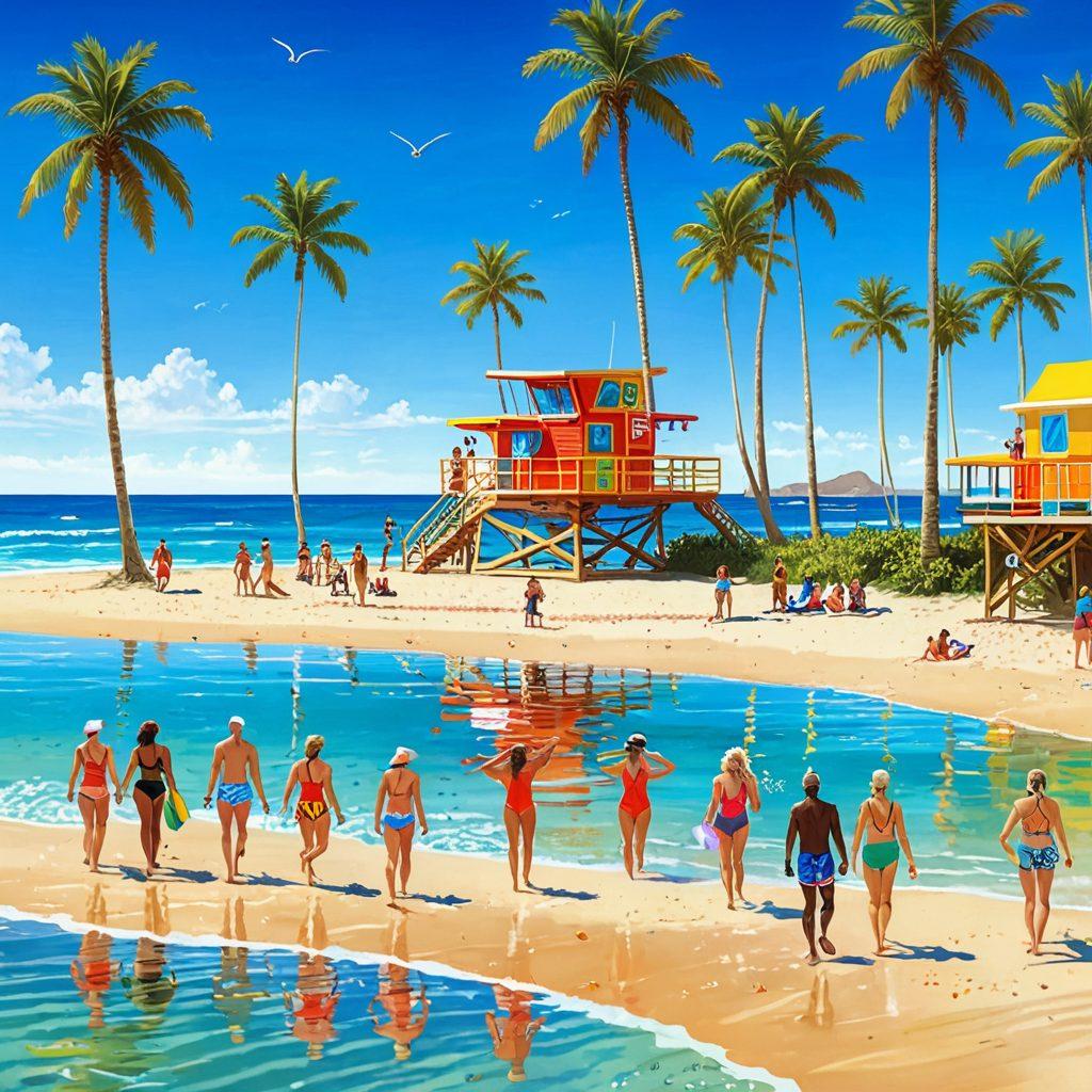 A vibrant beach scene featuring a diverse group of people of various ages joyfully swimming in the ocean, wearing colorful and stylish swimwear. The sun shines brightly, casting reflections on the water, symbolizing vitality and health. In the background, palm trees sway, and a lifeguard tower overlooks the scene, emphasizing safety. Include elements of heart health, like a subtle heart shape in the sand and swimwear designs incorporating heart motifs. bright colors. tropical vibes. super-realistic.