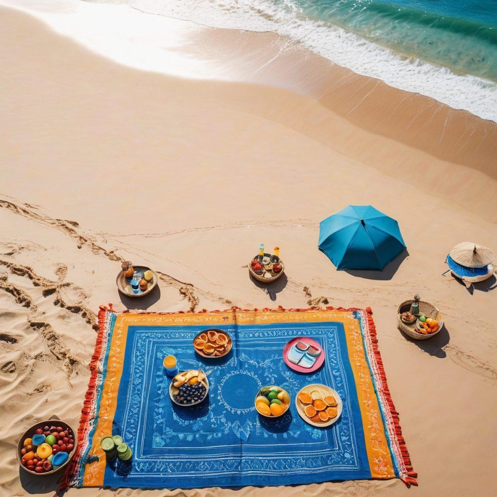 A vibrant beach scene featuring diverse individuals in stylish beachwear, engaged in various activities like jogging on the shore, practicing yoga on the sand, and swimming in the clear blue ocean. Include colorful beach umbrellas, healthy snacks like fruits and smoothies on a picnic blanket, and inspirational quotes about healthy living in the background. The sun is shining, creating a lively and energetic atmosphere. super-realistic. vibrant colors. sunny background.
