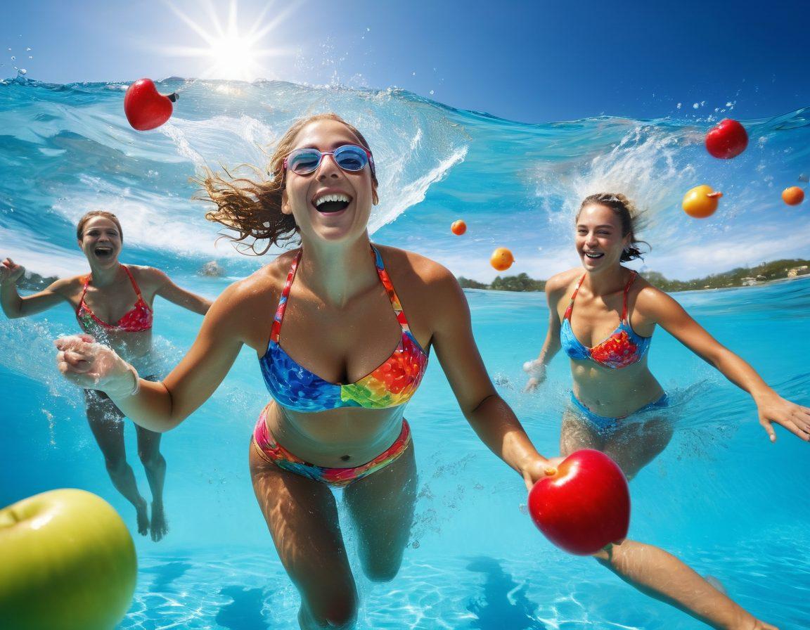 A dynamic image showcasing a diverse group of swimmers in vibrant, stylish swimwear, splashing through sparkling blue water, symbolizing heart health. Include elements like a heart icon subtly integrated into the swimwear patterns and floating health symbols around them. The background should evoke a sunny day with soft waves. super-realistic. vibrant colors. bright blue water.